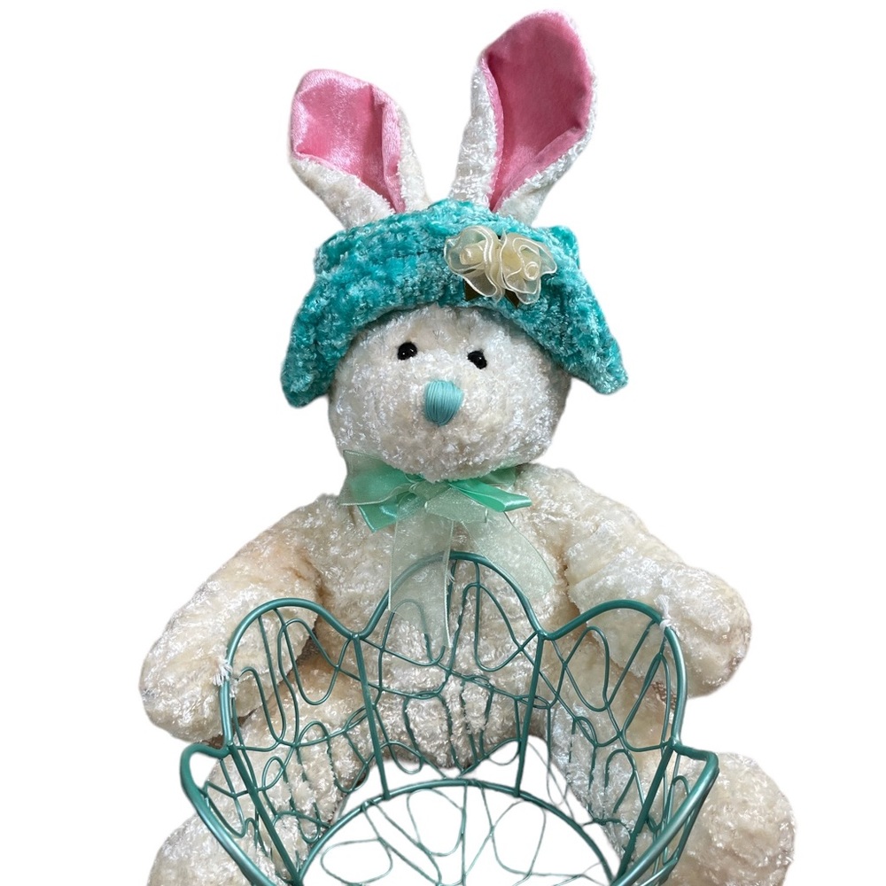 NWT Plush Easter Bunny w/ Pearlized Aqua Painted Wire Basket - Picture 1 of 6